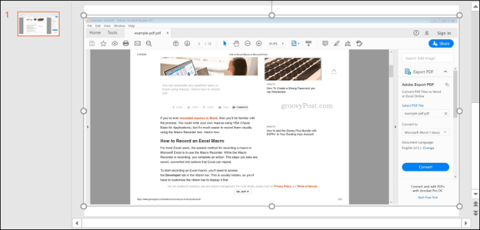 Snimak zaslona PDF datoteke umetnute u PowerPoint