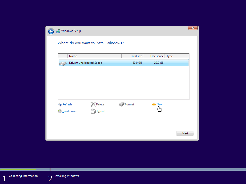 07 Stvorite novu particiju iz neraspoređenog prostora 5 Windows 10 Clean Install