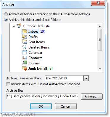 ručne postavke arhiviranja u programu Outlook 2010