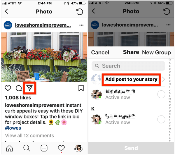 Da biste svojoj javnoj priči na Instagramu dodali javni post, otvorite ga, dodirnite ikonu zrakoplova ispod slike, a zatim na skočnom izborniku odaberite Dodaj objavu u svoju priču.