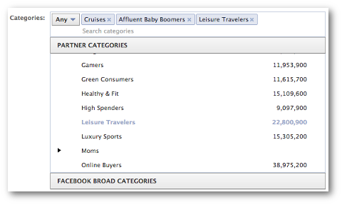 facebook kategorije partnera odabrati