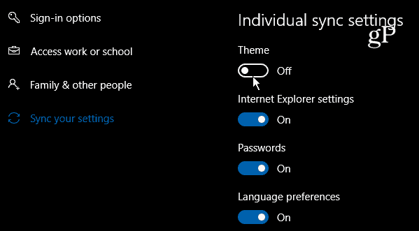 Windows 10 Pojedinačne postavke sinkronizacije