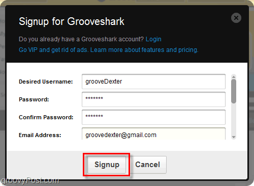 Postupak prijave Grooveshark