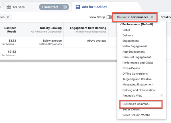 Prilagođavanje Facebook Ads Manager-a za prilagodbu stupaca.