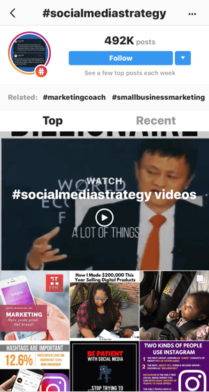 Kako strateški razvijati svoj Instagram nakon koraka 11, pronaći relevantne primjere postova, uzorak pretraživanja videozapisa "#socialmediastrategy"