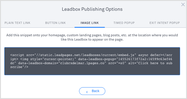 LeadPages Leadbox objaviti kôd 