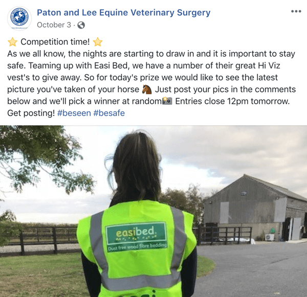 Primjer objave na Facebooku s natječajem veterinarskog kirurga Paton i Lee Equine.
