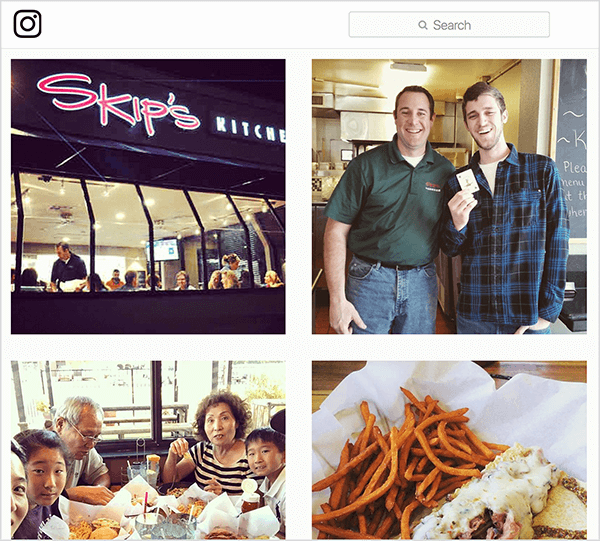 Ovo je snimka zaslona Instagram fotografija s oznakom #skipsdiner. Jedan prikazuje vanjštinu restorana, jedan muškarca koji drži kartu kao da je pobijedio u igri Jokera, jedan prikazuje obitelj kako jede za stolom, a jedan hranu koju je netko naručio. Jay Baer kaže da je igra Joker primjer okidača za razgovor.