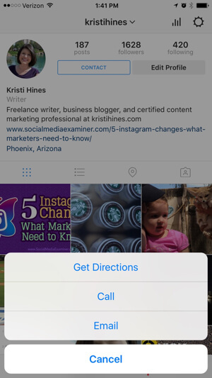 opcije kontakta za instagram poslovni profil