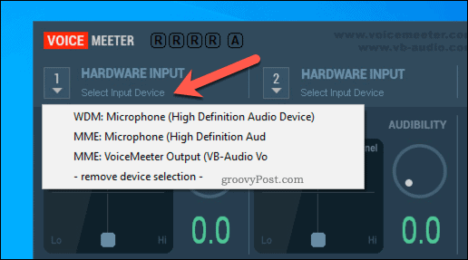 Odabir opcije hardverskog unosa VoiceMeetera