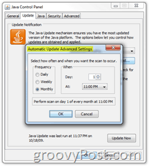 Snimka zaslona: Kartica za ažuriranje upravljačke ploče Java mjesečno