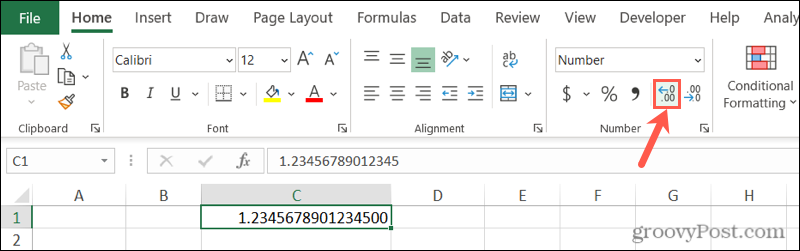 Zaustavite Excel zaokruživanje brojeva gumbom za povećanje decimale