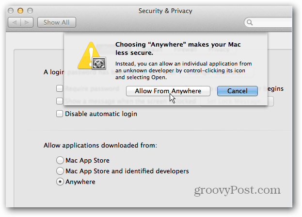 Isključite sigurnost OS X Mountain Lion Gatekeeper