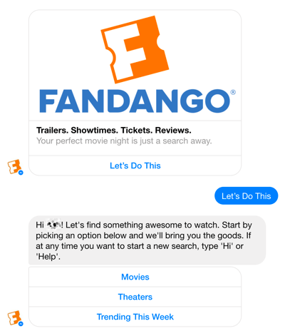 Fandangov Facebook Messenger chatbot pomaže u vođenju korisnika kroz odabir filmova.