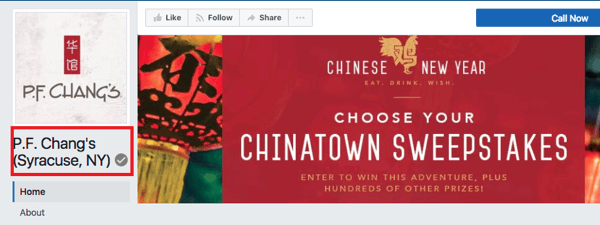 Lokacija PF Chang-a u Syracuse, NY ima sivu značku koja označava da je to provjerena Facebook stranica.