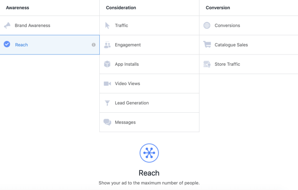 Kako izraditi Facebook oglase za doseg, korak 1, opcija za Reach kampanju pod Awareness