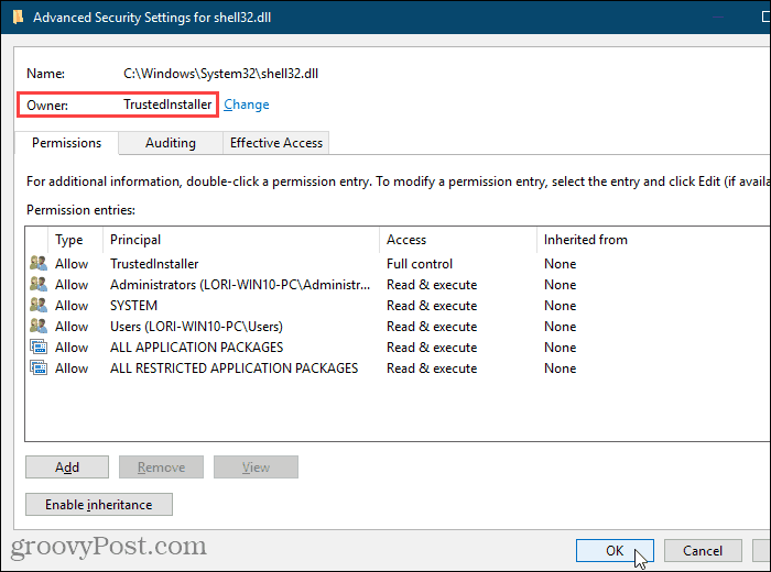 Zatvorite dijaloški okvir Napredne sigurnosne postavke u uređivaču registra sustava Windows