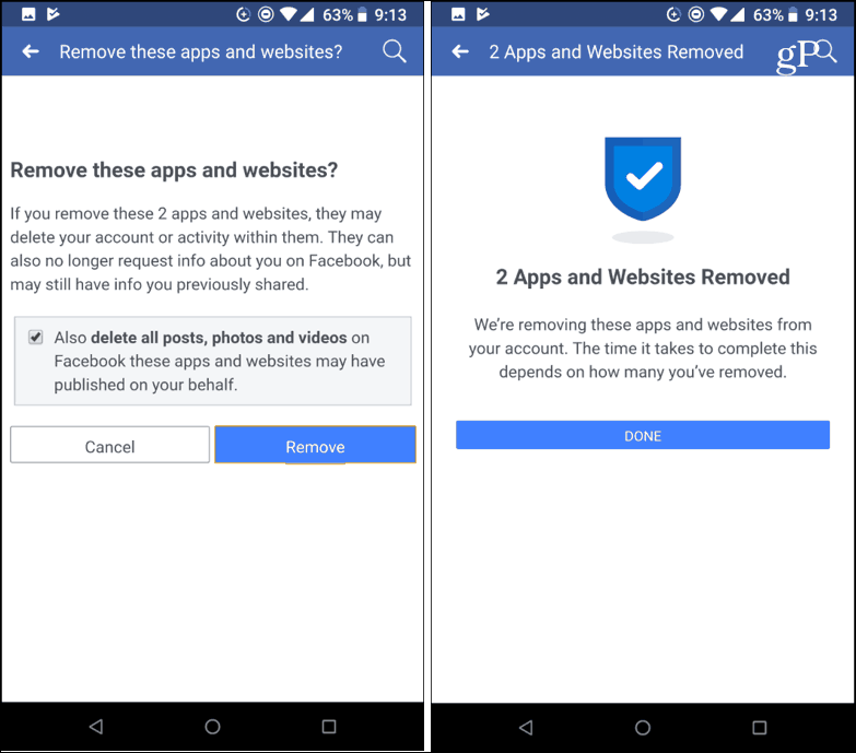 Potvrdite uklanjanje aplikacija treće strane Facebook mobile