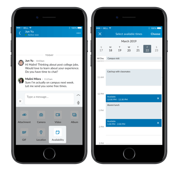 LinkedInroll je isključio mogućnost dijeljenja dostupnosti izravno u chatu u aplikaciji LinkedIn, kao i predlaganje lokacije ili dijeljenje trenutne, jednokratne lokacije s drugima u chatu.