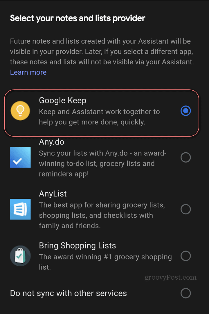 Google Assistant, Google Keep, davatelj usluga bilješki o postavkama