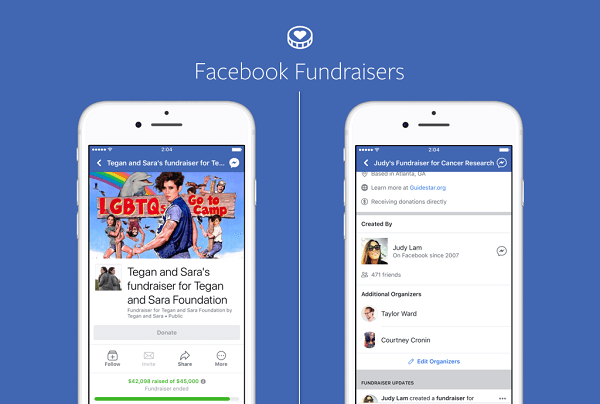 Facebook stranice za marke i javne osobe sada mogu koristiti prikupljanja sredstava za prikupljanje novca za neprofitne svrhe, a neprofitne organizacije to mogu učiniti na svojim stranicama.