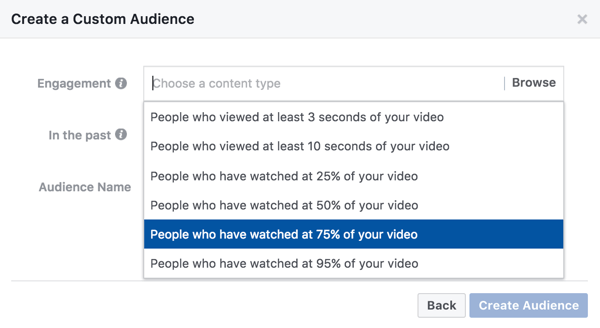 Za prilagođenu publiku na temelju video angažmana možete odabrati koliki dio videozapisa netko mora gledati da bi vidio vaš oglas za ponovno ciljanje.