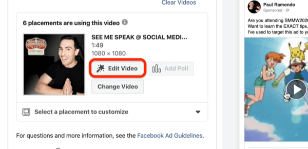 Opcija Uredi videozapis za Facebook video oglas