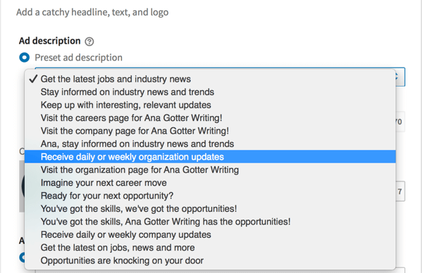 Unaprijed zadani opisi LinkedIna dostupni su za neke formate dinamičnih oglasa.