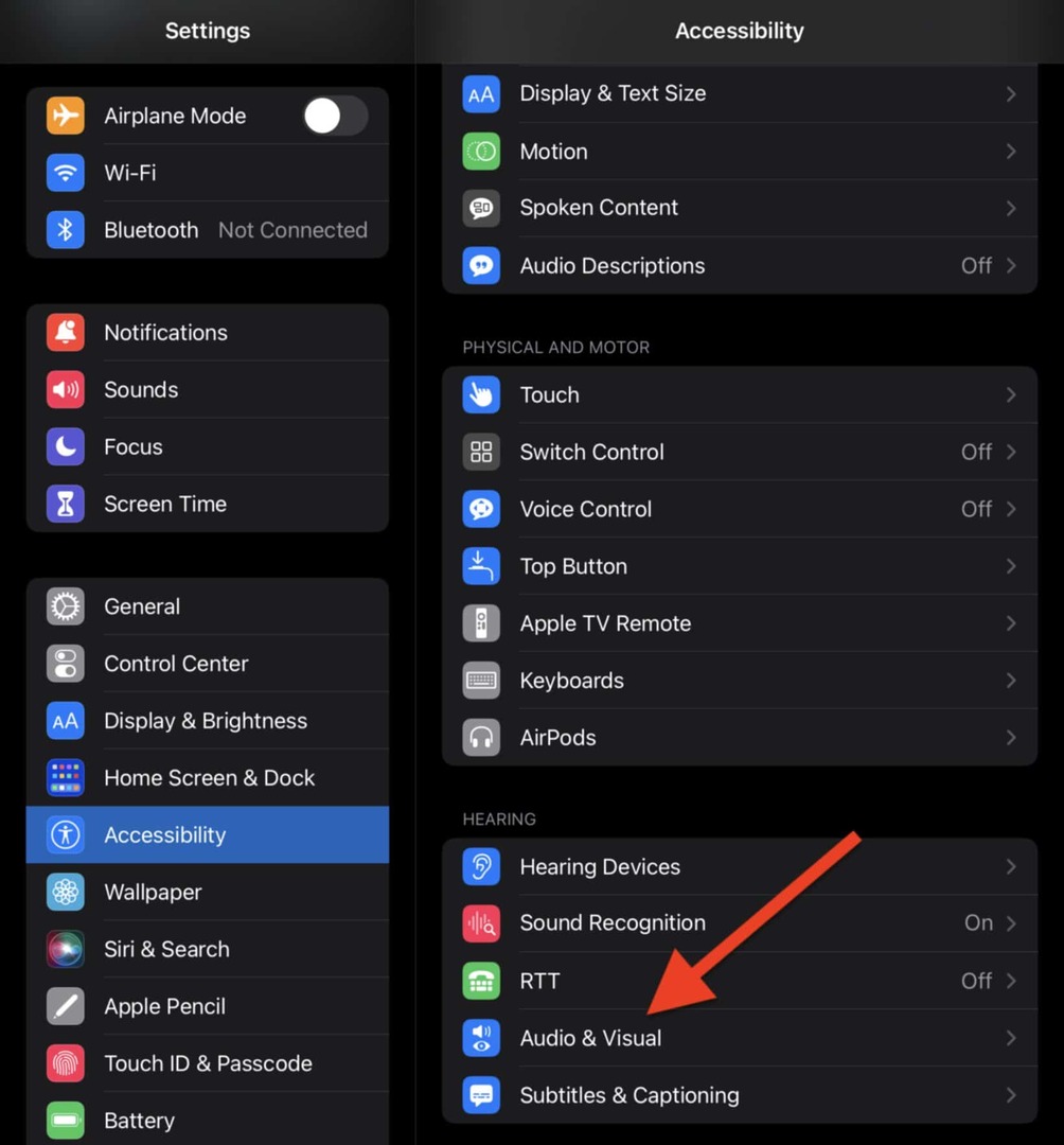 Odaberite Audio & Visual u postavkama pristupačnosti na vašem iPadu