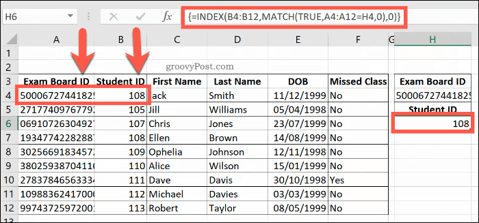 Primjer kombinirane formule INDEX i MATCH u Excelu