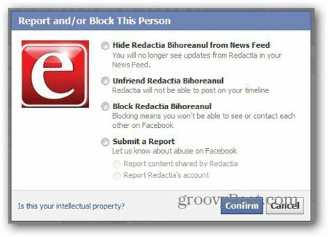 facebook report - opcije blokiranja