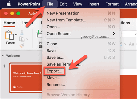 Izvoz PowerPoint prezentacije kao videozapisa na Macu