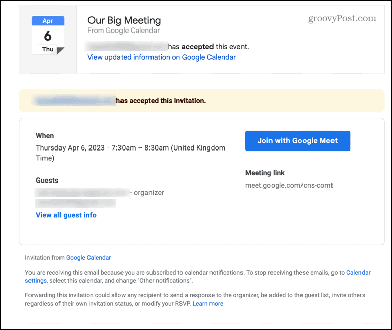 Snimka zaslona e-pošte s odgovorom na sastanak na Gmailu
