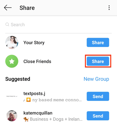 Dodirnite gumb Podijeli da biste podijelili svoju Instagram priču sa svojim popisom bliskih prijatelja.