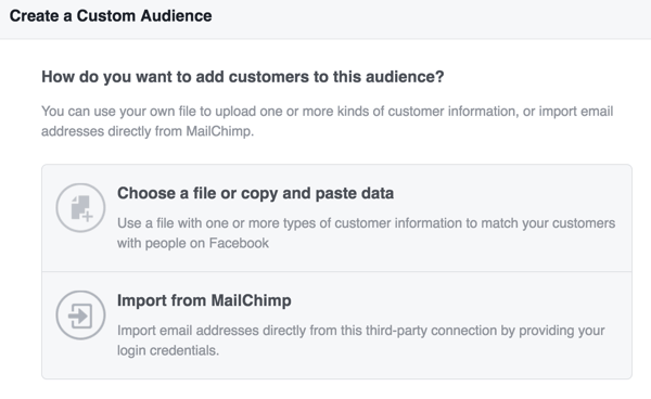 Odaberite kako želite prenijeti podatke o kupcima kako biste stvorili svoju prilagođenu publiku na Facebooku.