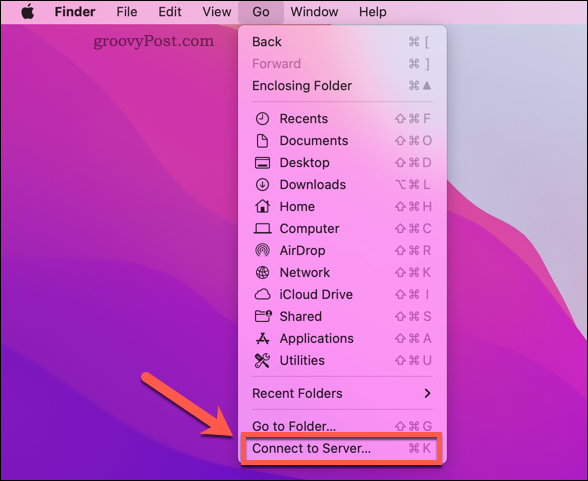 Otvaranje opcije Mac Finder Connect to Server