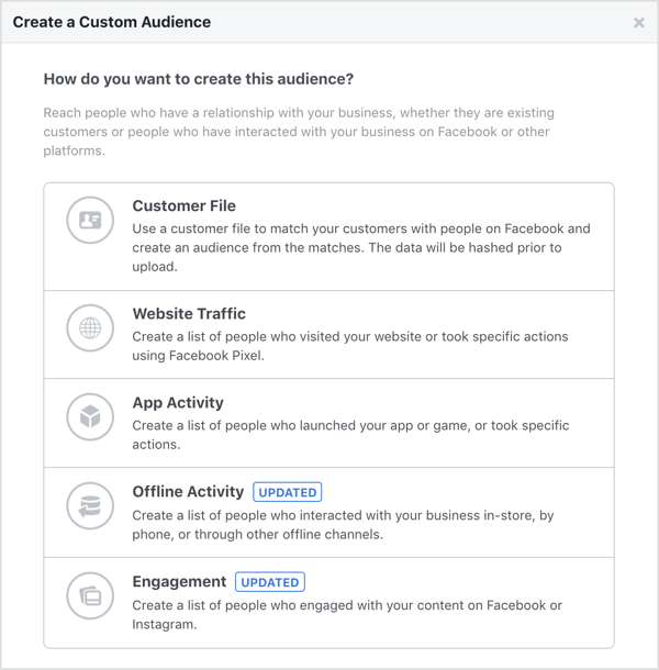 Opcije za stvaranje prilagođene Facebook publike