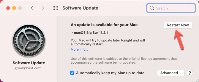 Ponovo pokrenite Mac da biste započeli ažuriranje sustava