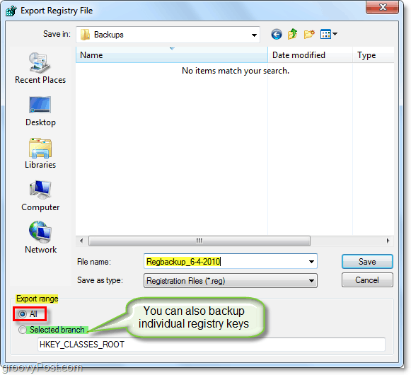 spremite sigurnosnu kopiju registra u sustavu Windows 7 i Vista