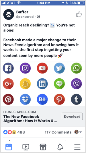primjer Facebook oglasa s preuzimanjem