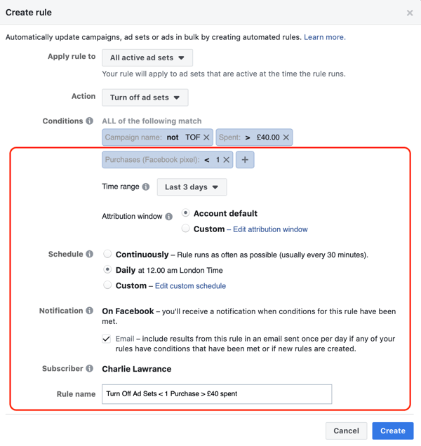 Upotrijebite Facebook automatizirana pravila, zaustavite postavljanje oglasa kada je potrošnja dvostruka i ako je kupnja manja od 1, korak 3, dodatne postavke pravila