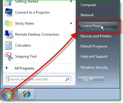 Kliknite izbornik Start Orb, a zatim upravljačku ploču u sustavu Windows 7