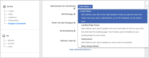 Odaberite Klikovi na vezu s padajućeg popisa Optimizacija za isporuku oglasa kada postavljate svoj Facebook oglas.