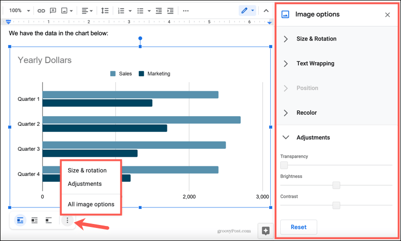 Grafikon opcija slike u Google dokumentima