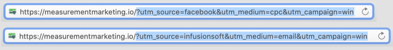 primjer URL-ova s ​​utm oznakama kodiranim s utm dijelom istaknutih URL-ova koji prikazuju facebook / cpc i infusionsoft / email kao parametre za win kampanju