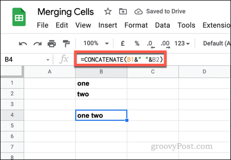 Primjer formule CONCATENATE u Google tablicama pomoću praznih tekstualnih nizova