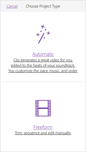 Odaberite Automatski da bi Adobe Premiere Clip stvorio videozapis za vas.