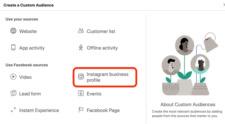 Opcija Instagram Business Profile odabrana u dijaloškom okviru Stvaranje prilagođene publike