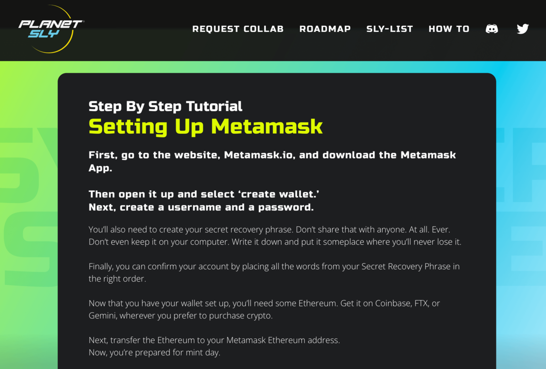 slika Metamask tutoriala na web stranici PlanetSLY