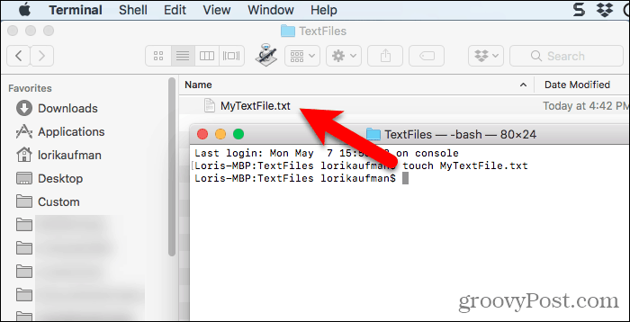 Tekstualna datoteka stvorena pomoću touch naredbe u Terminalu na Macu